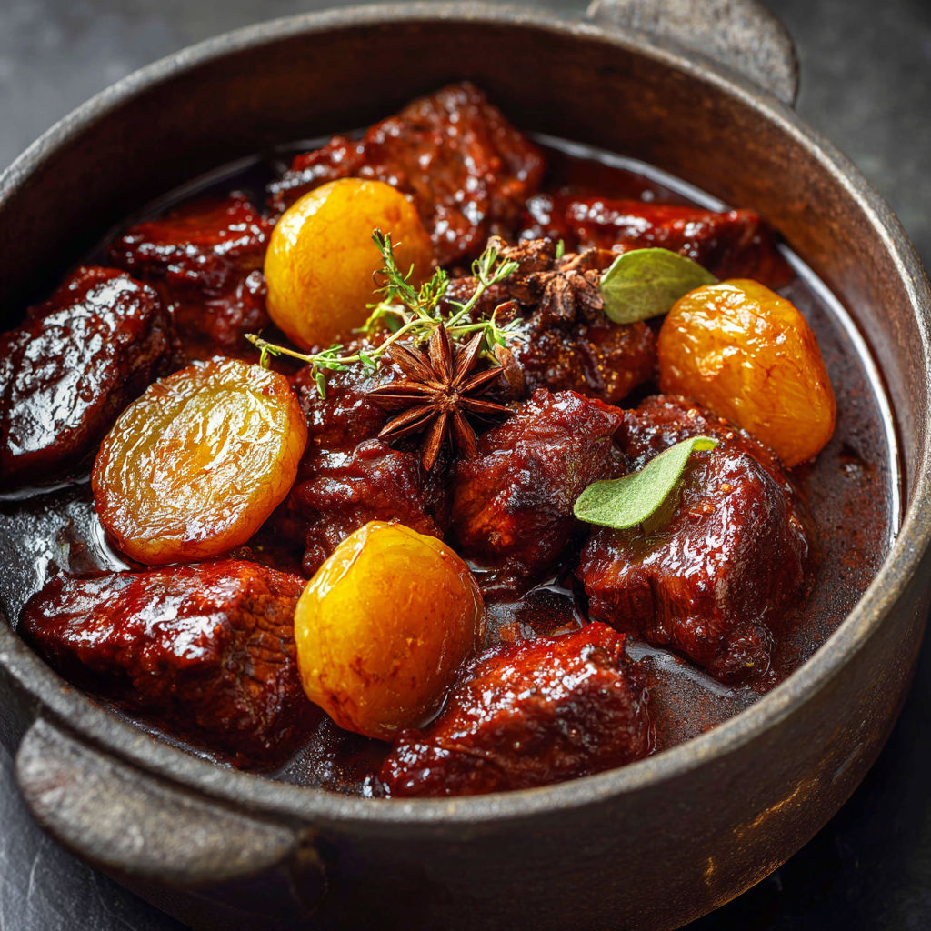 Daube de Veau fondant, coings confits et kumquats.