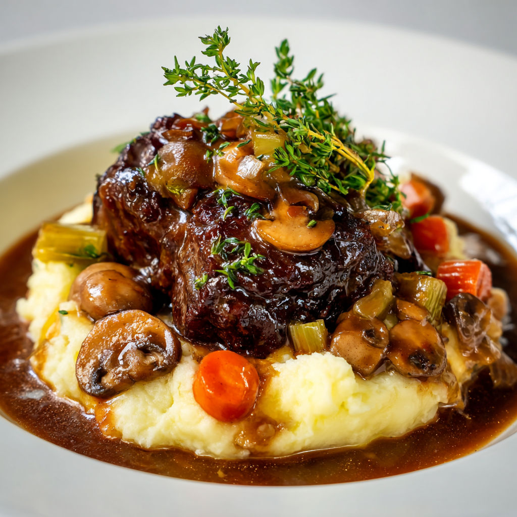 Joue de bœuf fondante au vin rouge, champignons poêlés et purée maison.