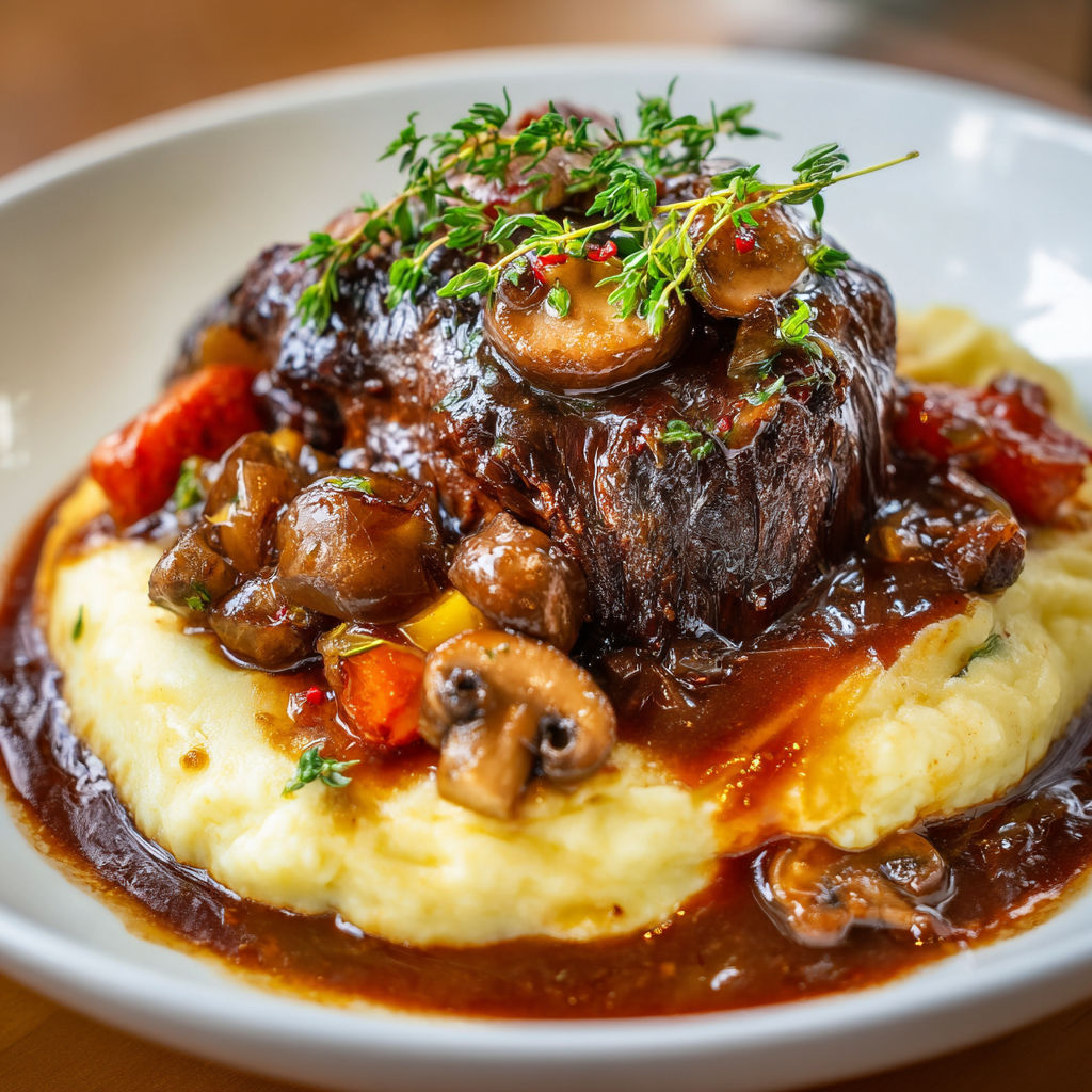 Une recette de Bœuf confit mijoté aux légumes, sauce corsée et écrasé de pommes de terre.