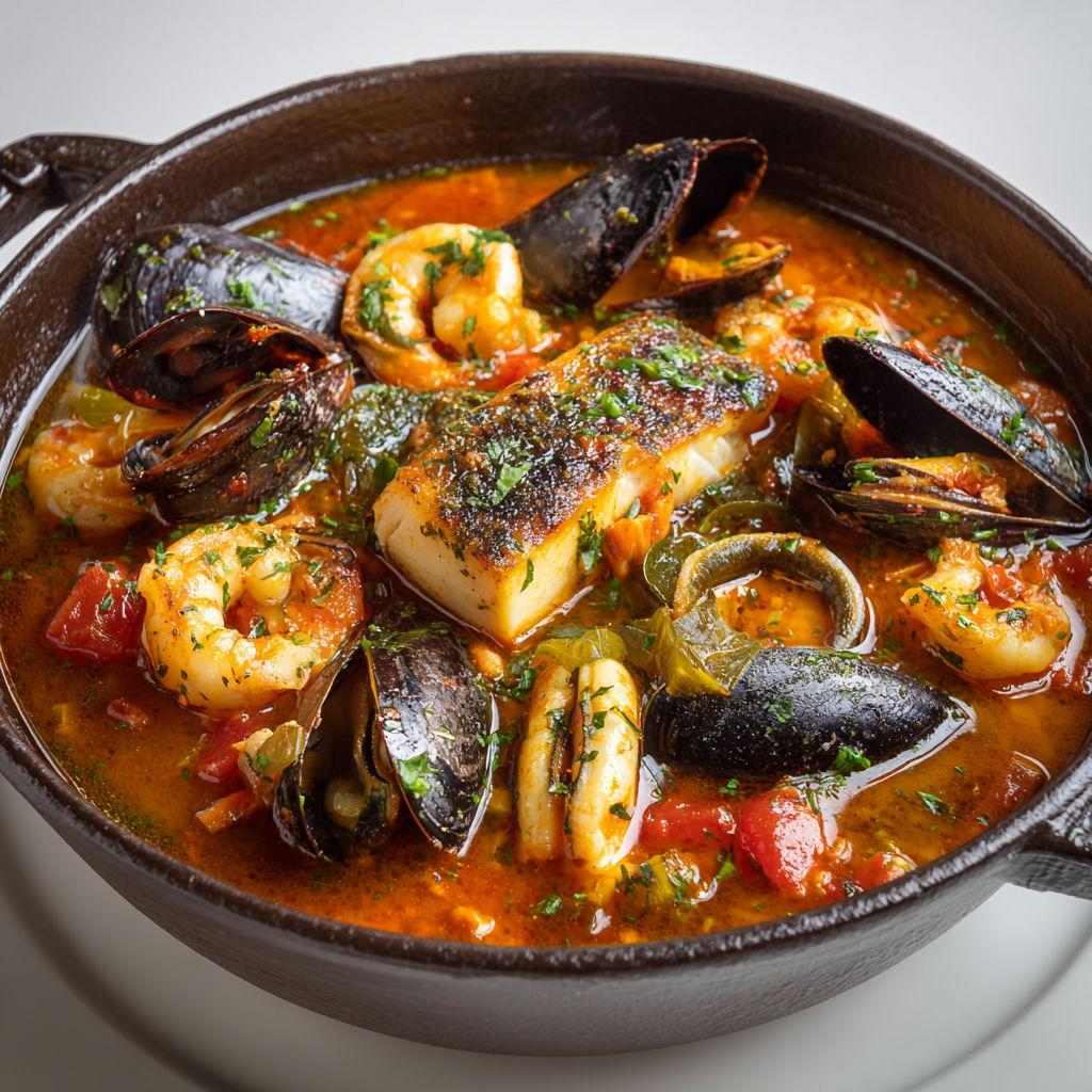 Marmite de la Mer et sa Sauce Rouille, une recette savoureuse et délicieuse, est servie dans un bol en fonte.