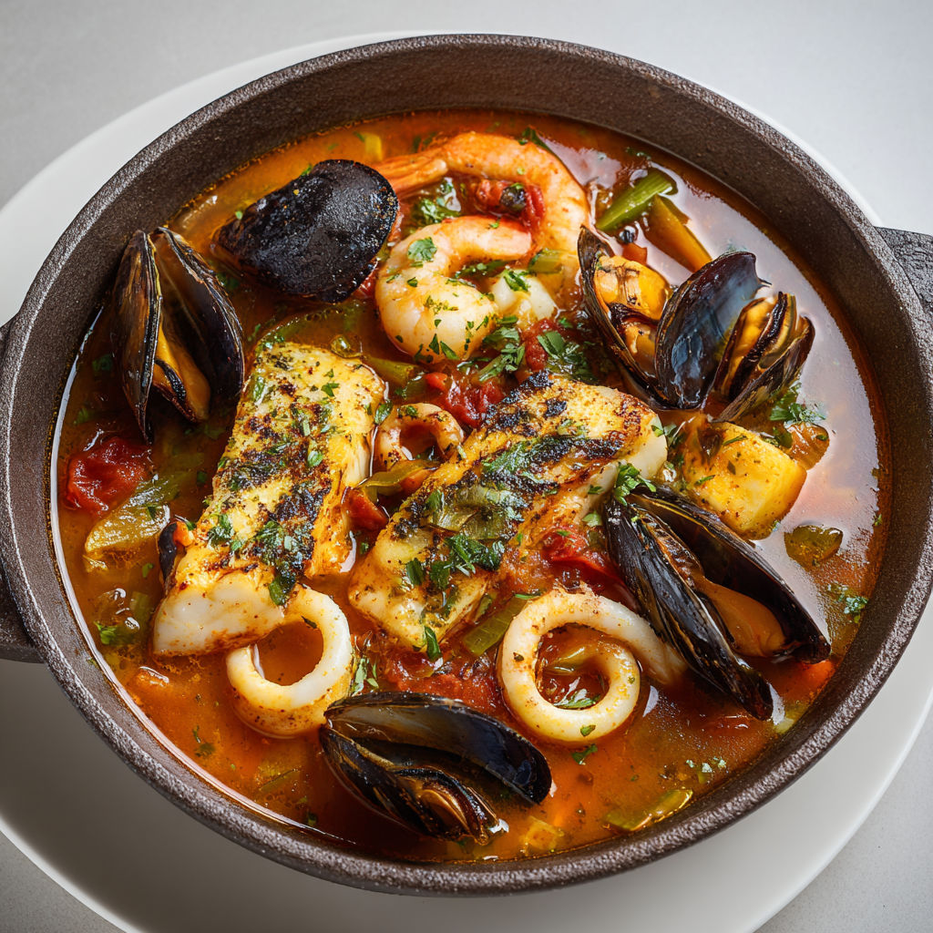 Une recette de Cassolette marine aux saveurs du Sud, rouille relevée et poissons fondants.