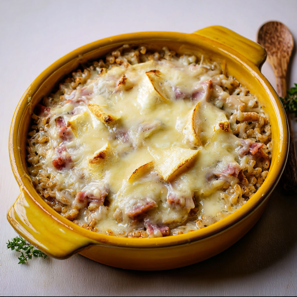 Gratin de crozets au sarrasin, jambon de Savoie et crème onctueuse.