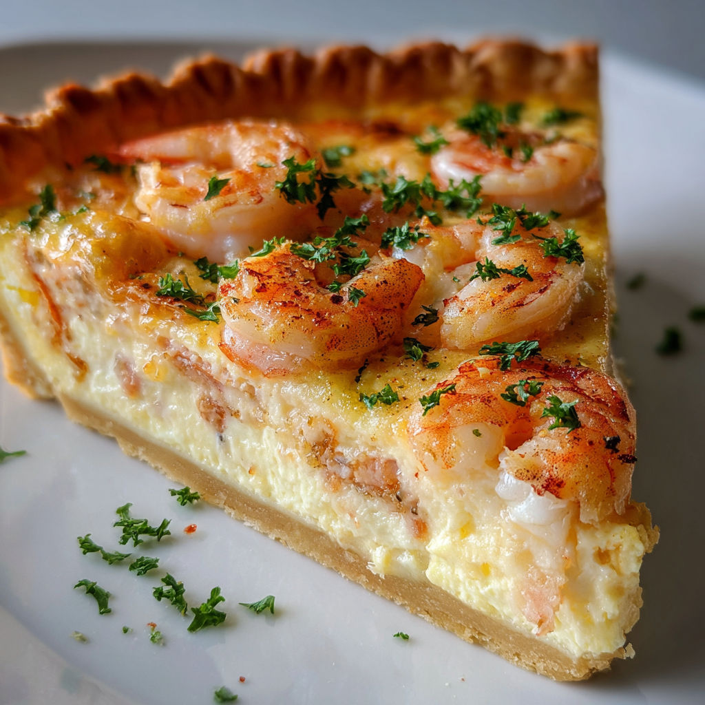 Tarte aux crevettes de Floride avec pâte brisée maison et garniture crémeuse.
