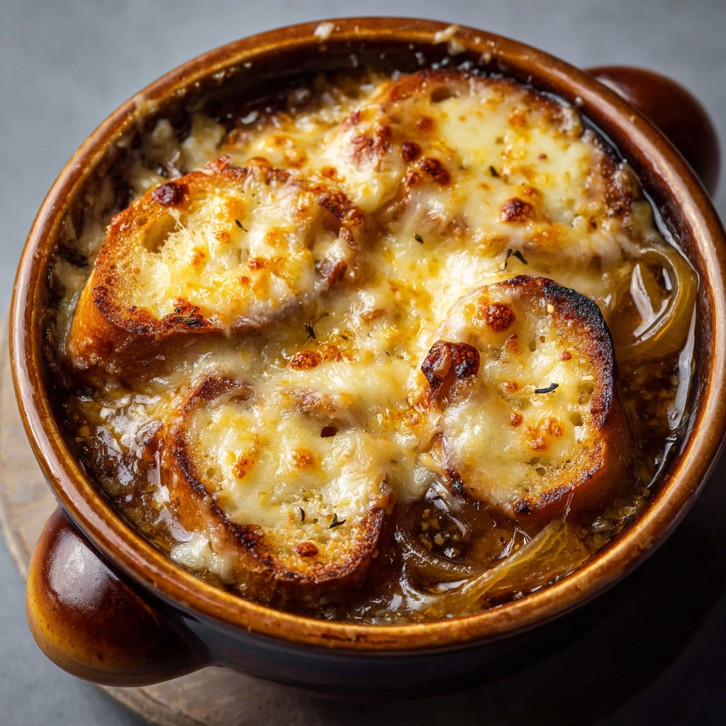 Une soupe gratinée à l'oignon et au beaufort est servie dans un bol en céramique.