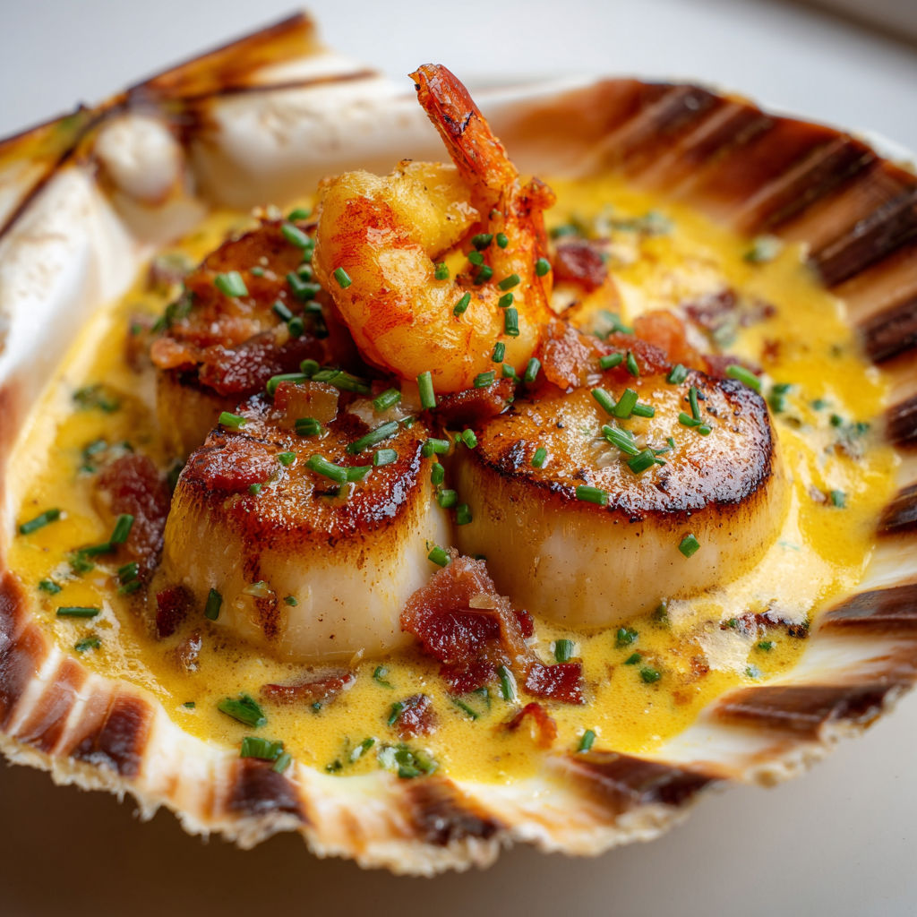 Noix de Saint-Jacques au lard, crème safranée et touche de cognac.