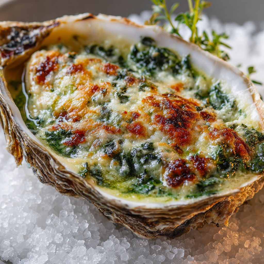 Une huître Rockefeller chaude et croustillante, servie sur une pile de sel.