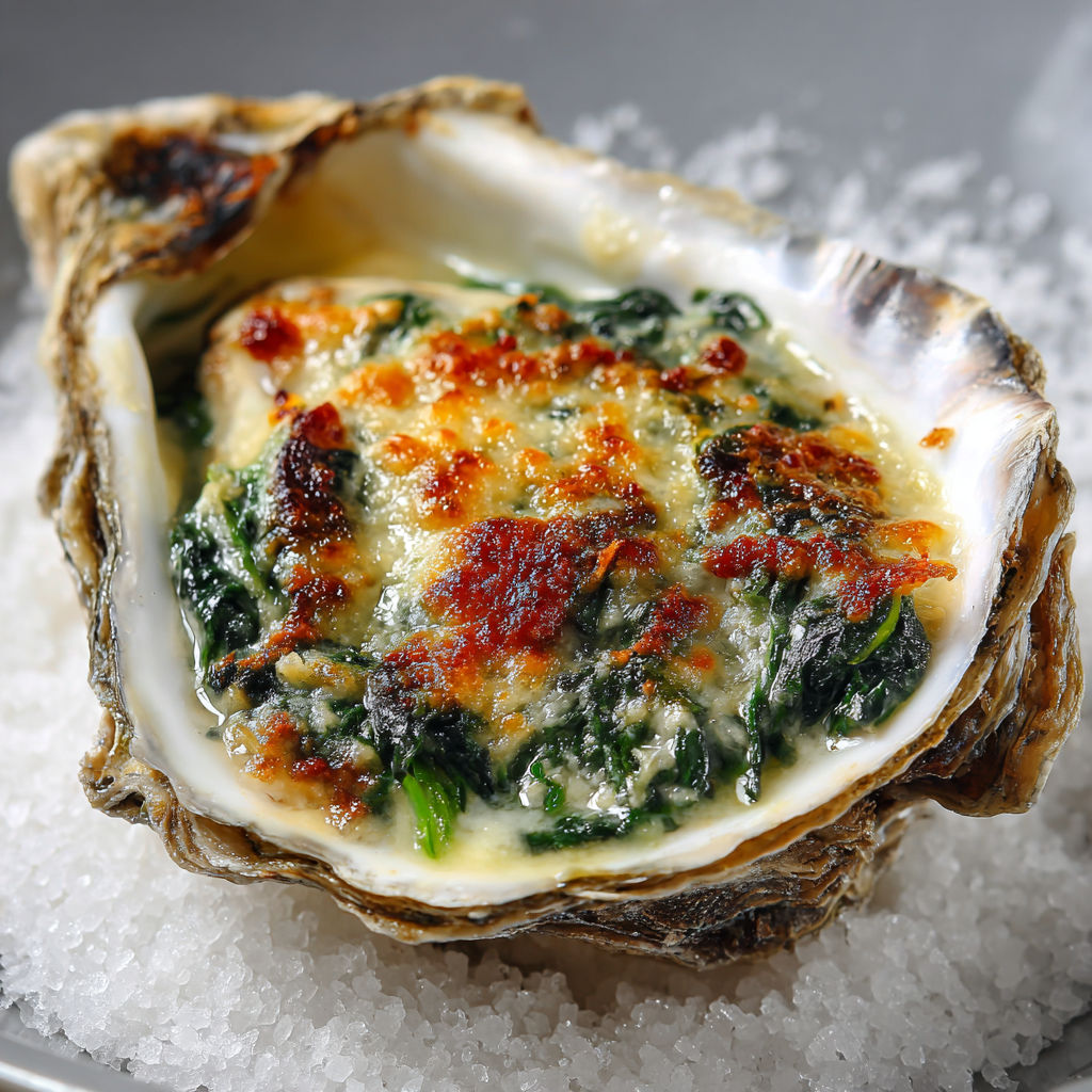 Une poignée d'huîtres Rockefeller, cuites et garnies de sauce au pesto, sur un plateau de sable.