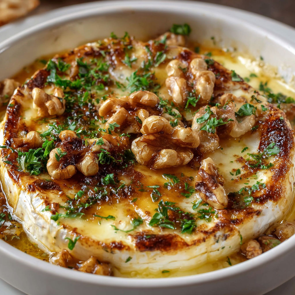 Une tasse de fromage brie rôti aux poires, noix et miel.