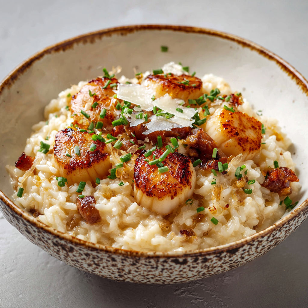 Une assiette de risotto aux noix de Saint-Jacques, avec des herbes fraîches et des noix de Saint-Jacques.