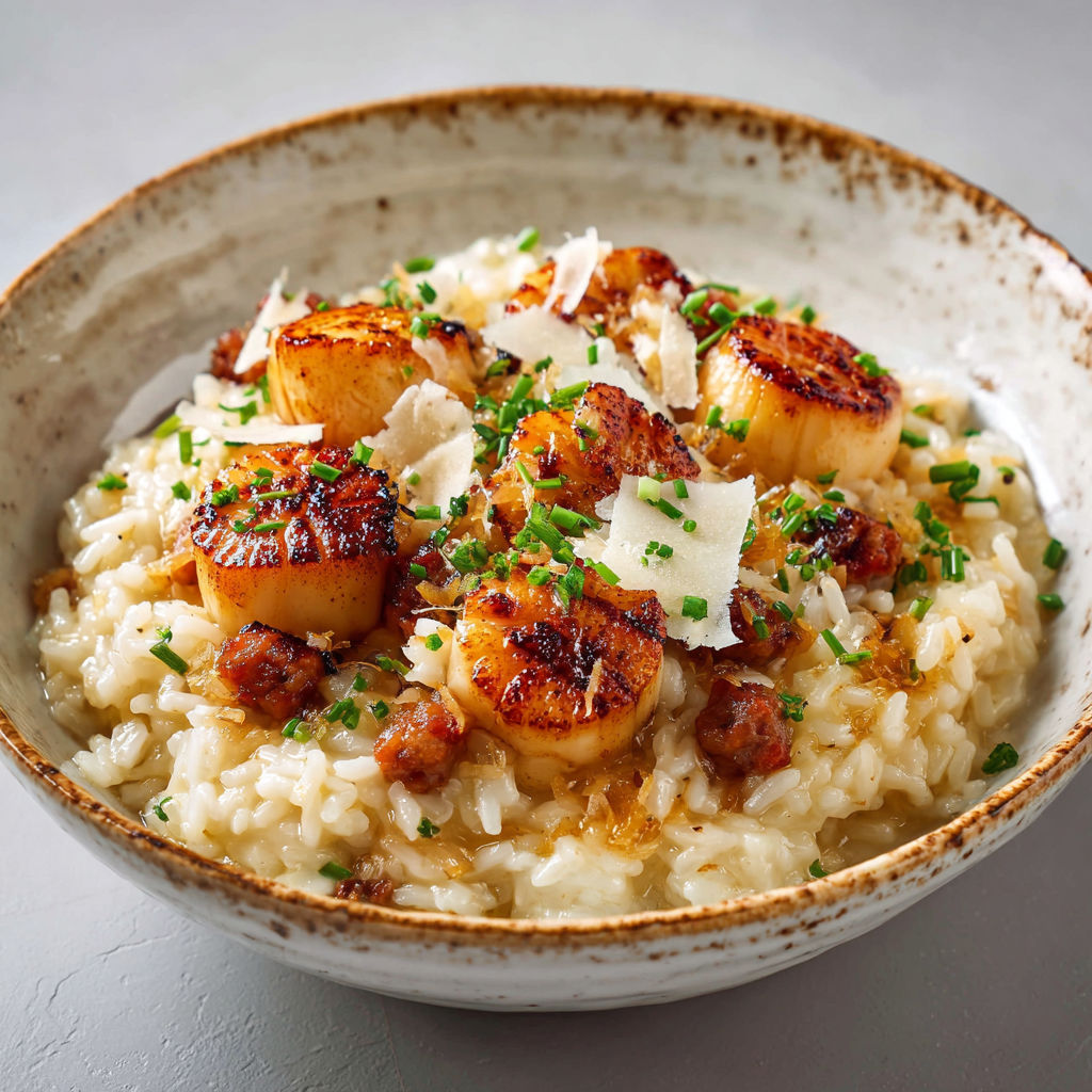 Risotto crémeux aux Saint-Jacques et saucisses parfumées.