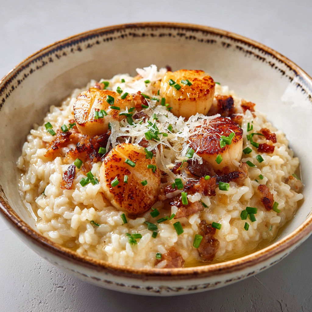 Noix de Saint-Jacques poêlées sur un risotto onctueux au parmesan.
