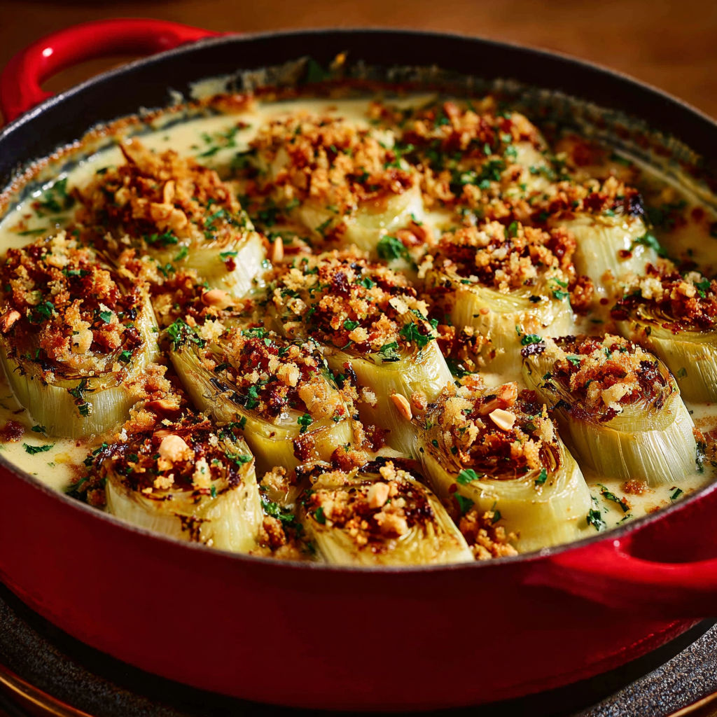 Poireaux rôtis à la crème et au gruyère, garniture panko et amandes pour un effet irrésistible.