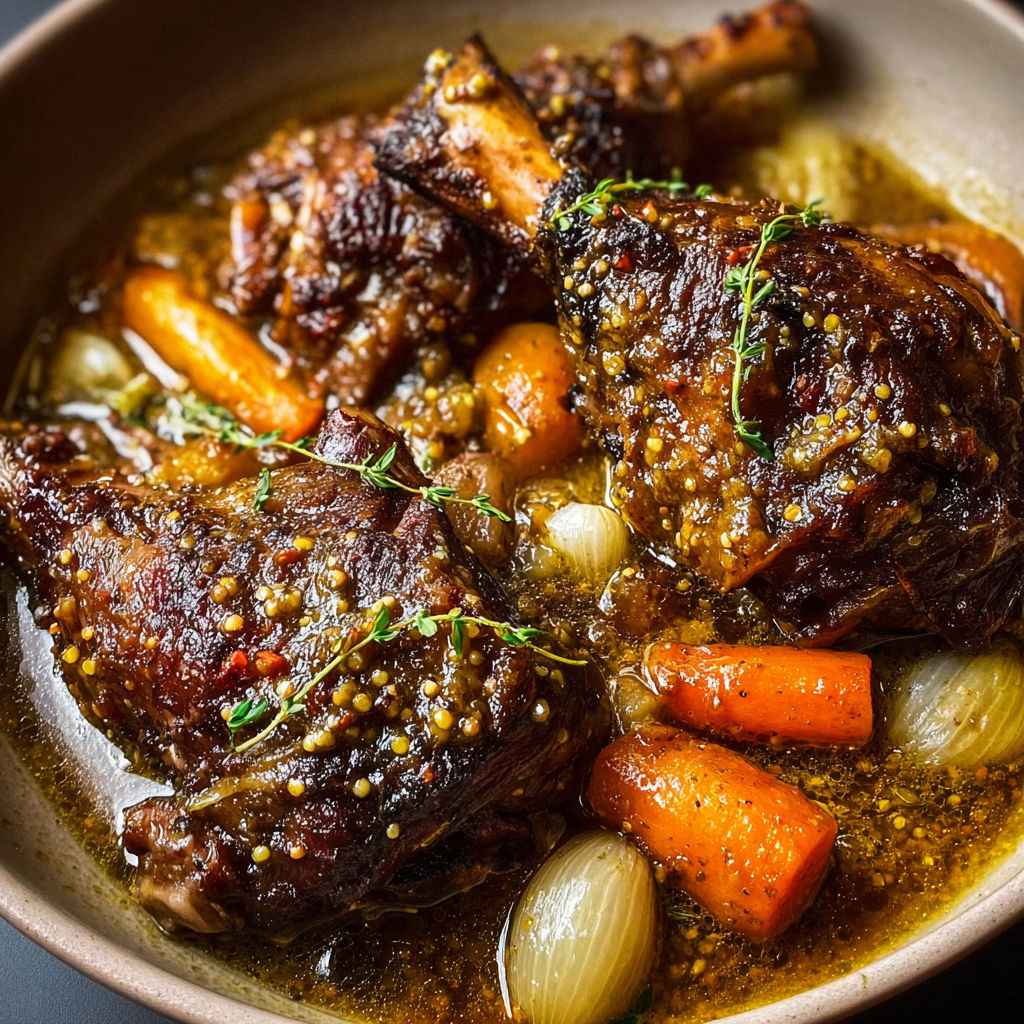 Jarrets d’agneau fondants à la moutarde et légumes braisés.