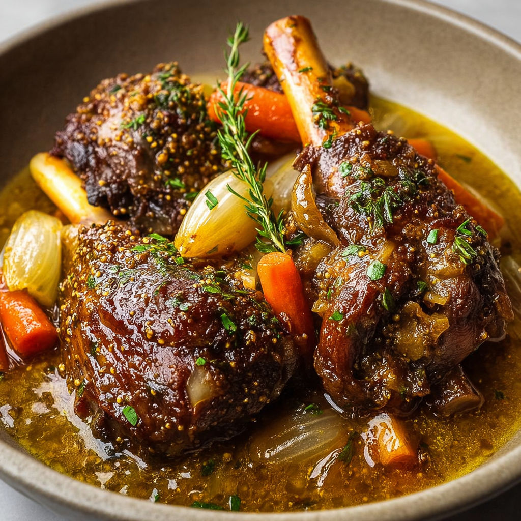 Agneau braisé longuement au vin blanc et moutarde de Dijon, parfait pour un repas réconfortant.