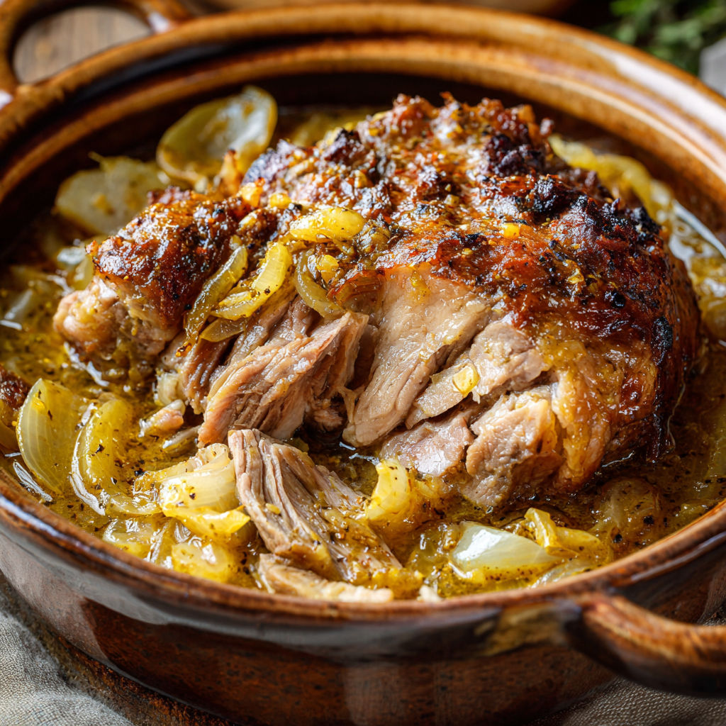 Un morceau de porc braisé à l'oignon dans un bol.