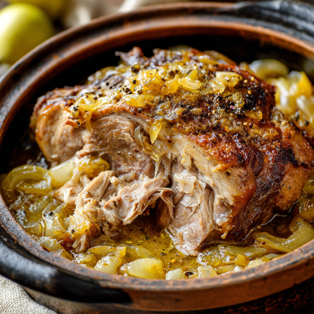 Un délicieux Rôti de porc fondant aux oignons caramélisés et moutardes savoureuses.