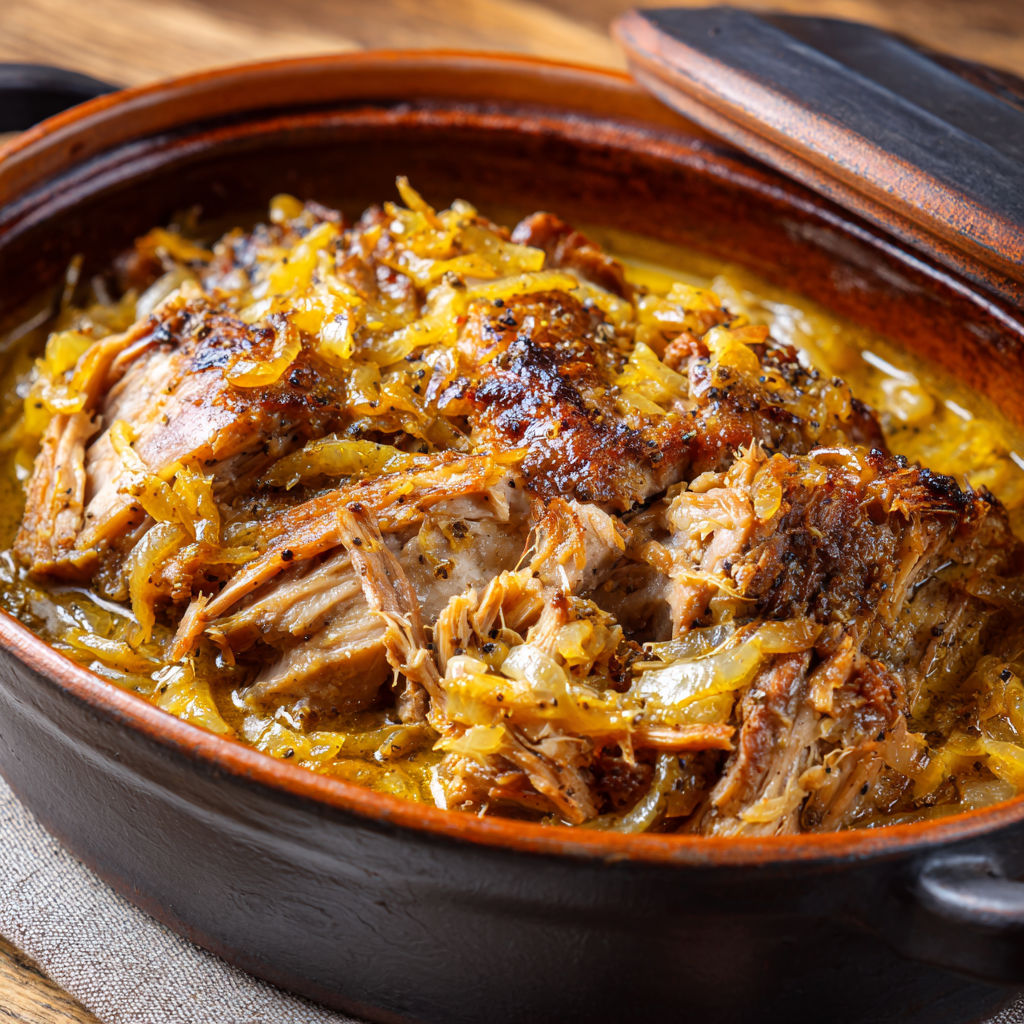 Porc braisé lentement au vin blanc et aux oignons, servi avec une purée onctueuse et légumes verts.