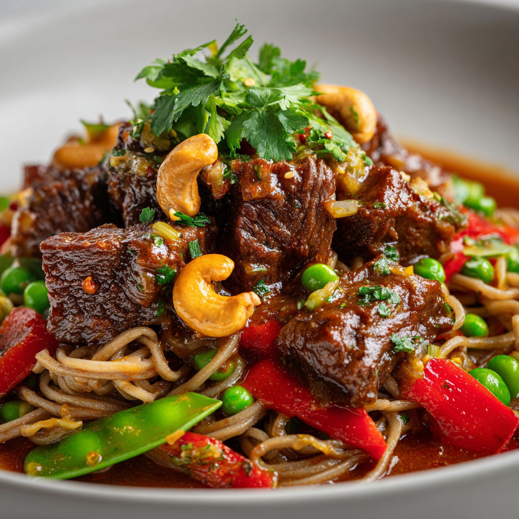 Ragoût asiatique sucré-salé de bœuf tendre aux noix de cajou et coriandre fraîche.