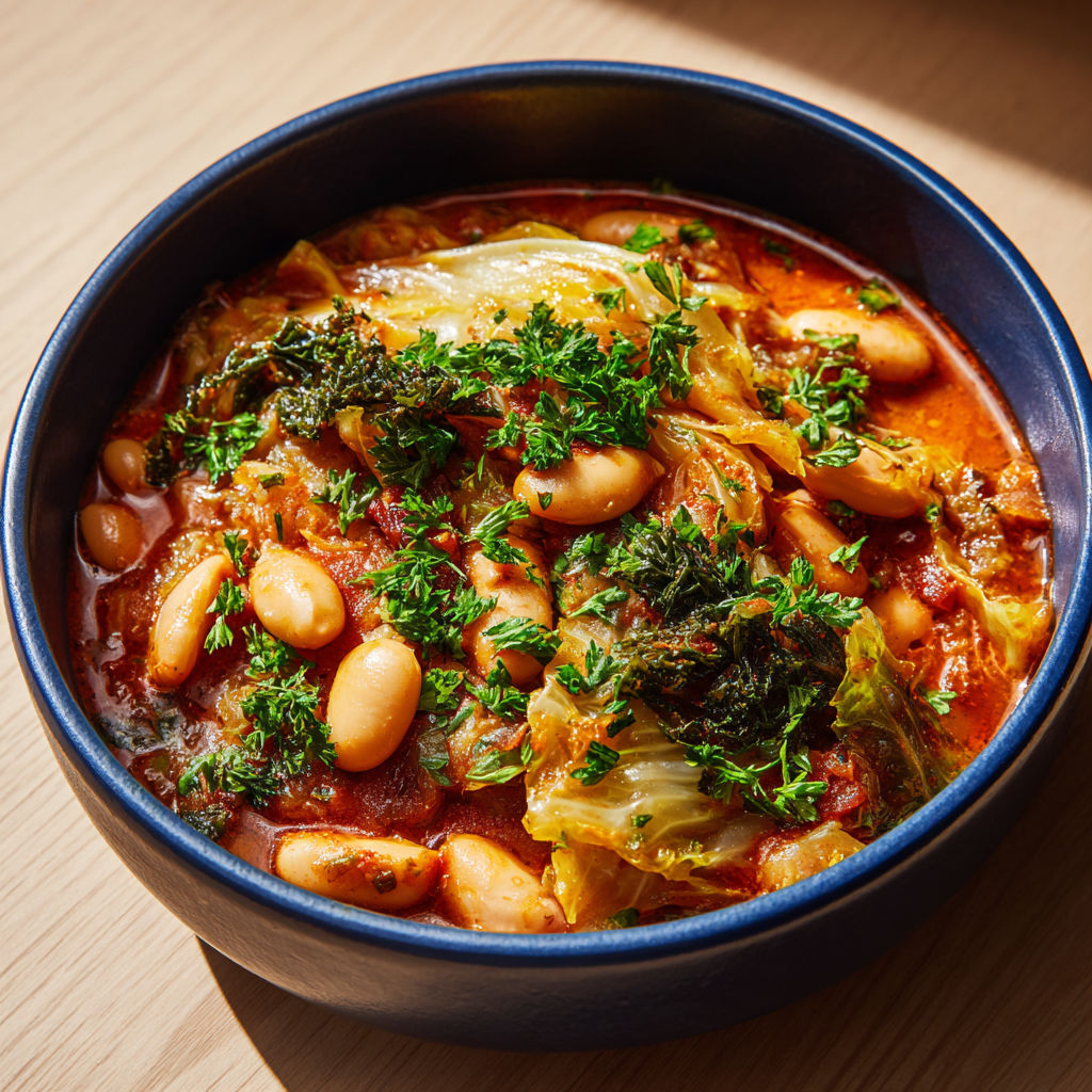 Chou vert fondant aux haricots blancs et croûtons dorés à la persillade.