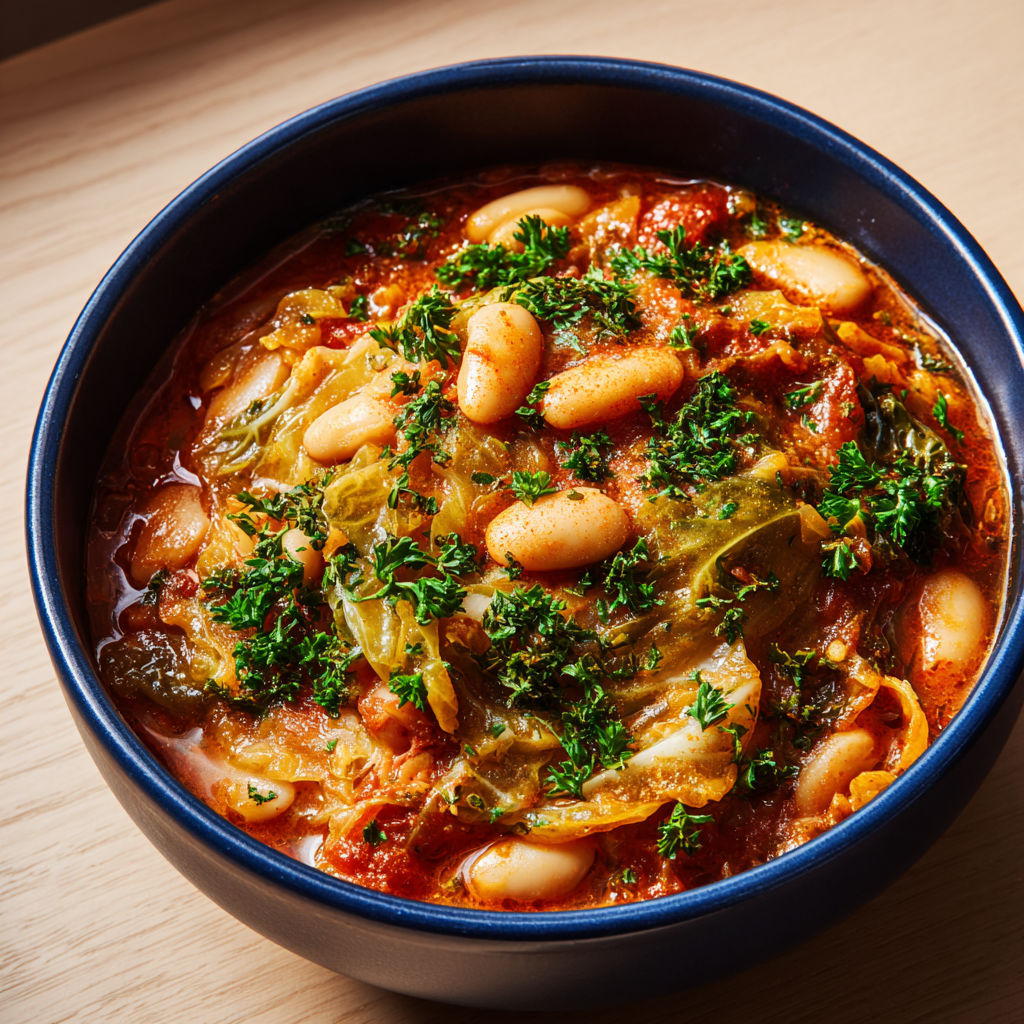 Cocotte de chou tendre aux haricots blancs, relevée d’une touche d’harissa et garnie de croûtons à l’ail et au persil.