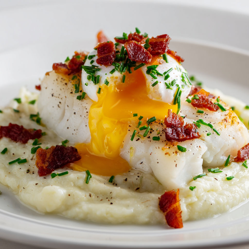 Un poisson poché avec une purée de céleri, un œuf mollet et des lardons croustillants.