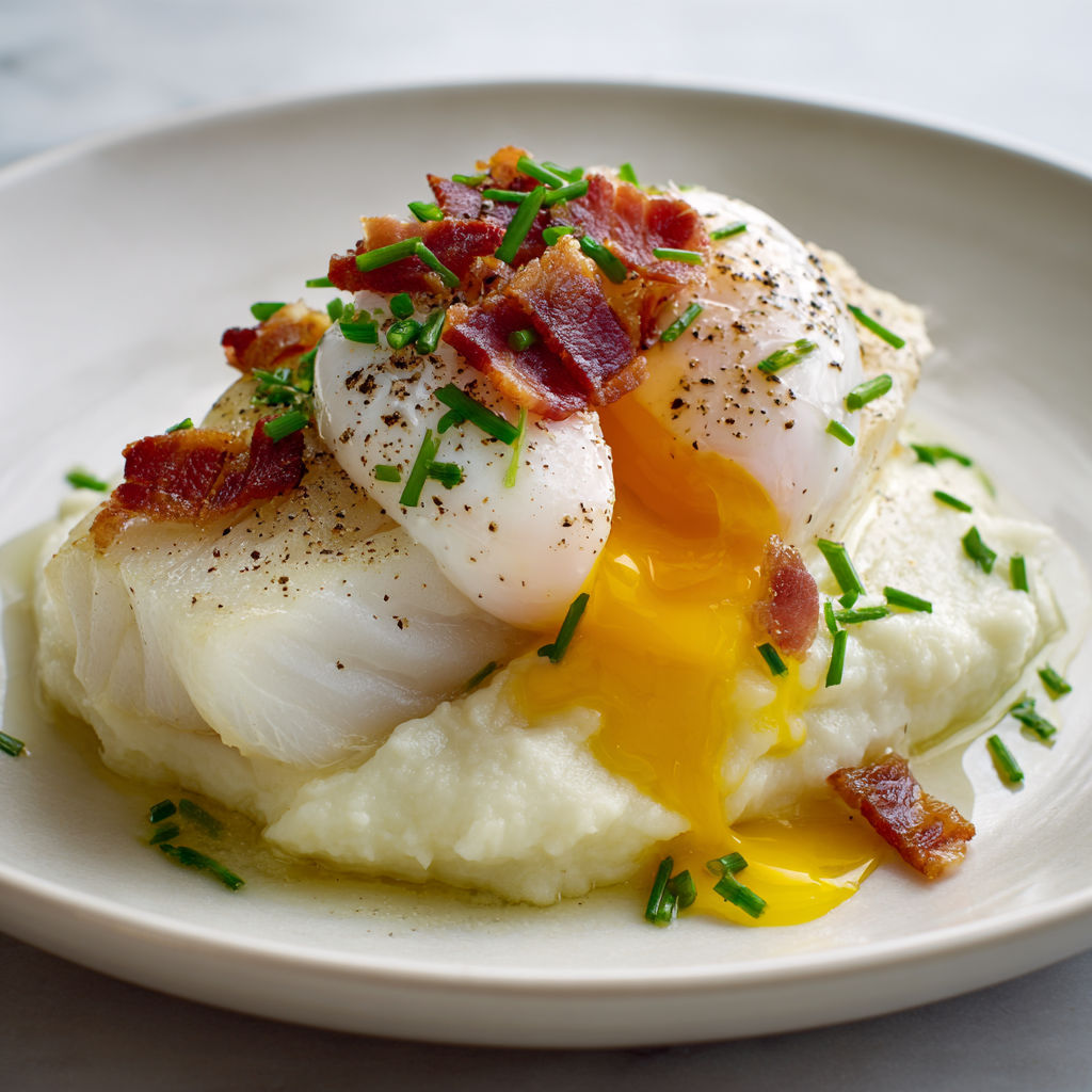 Un poisson poché tout en délicatesse, une purée de céleri onctueuse sans crème, un œuf mollet coulant et des lardons croustillants pour le contraste.