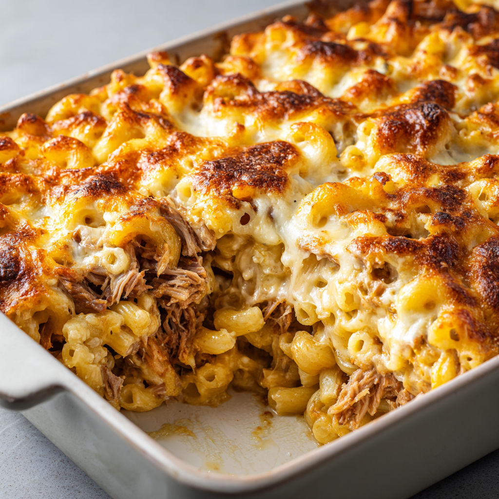 Macaronis fondants au porc braisé et mozzarella dorée.