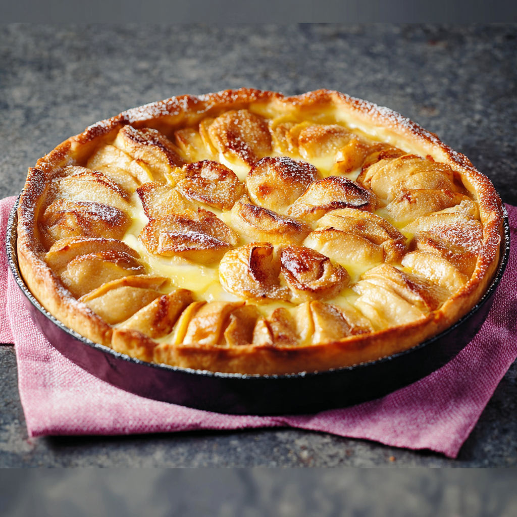 Une tarte aux pommes est servie sur un plateau en métal.