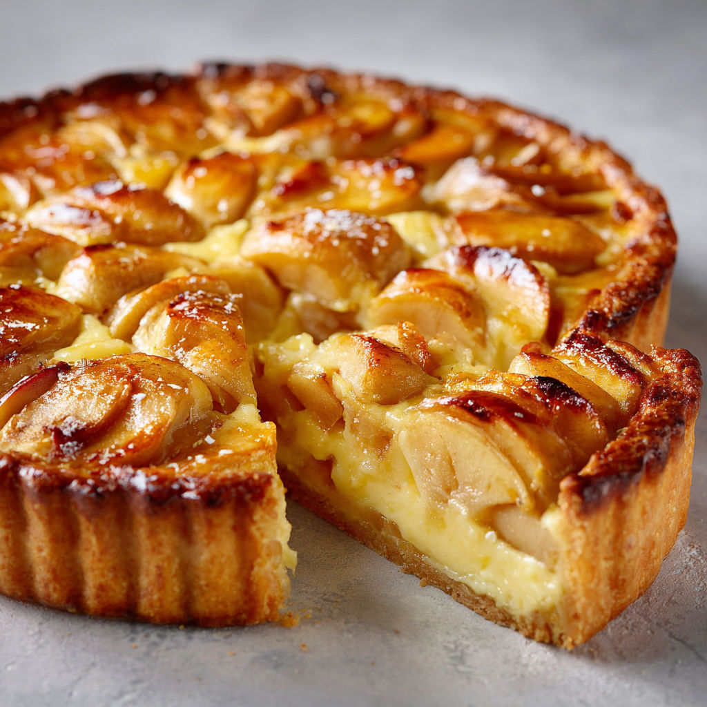 Une tarte aux pommes chaude et croustillante, avec une crème pâtissière sucrée et des pommes fraîches.