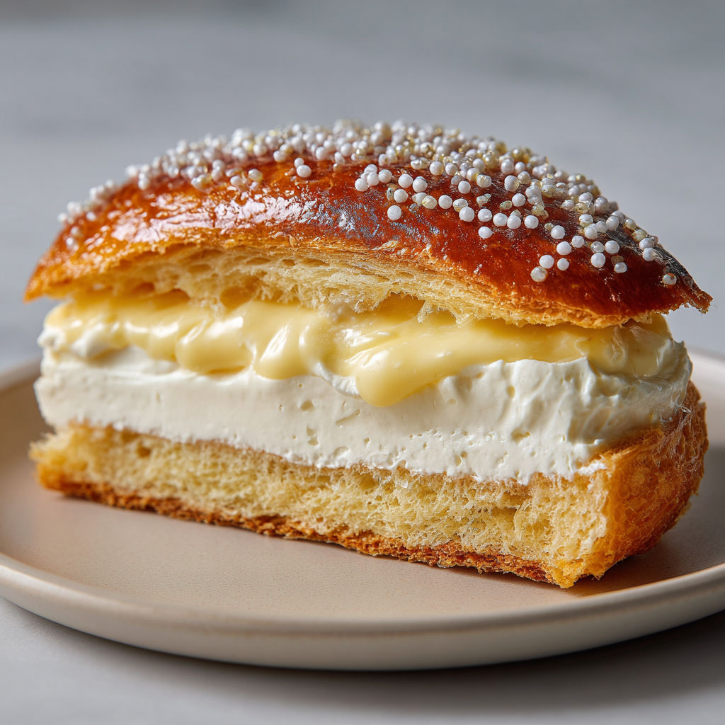 Une tarte tropézienne traditionnelle est servie sur un plateau.