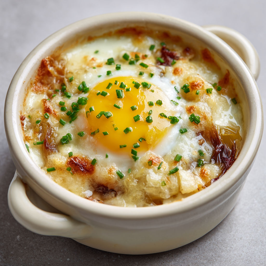 Une casserole d'œufs cocottes aux endives et Maroilles est servie dans un bol.