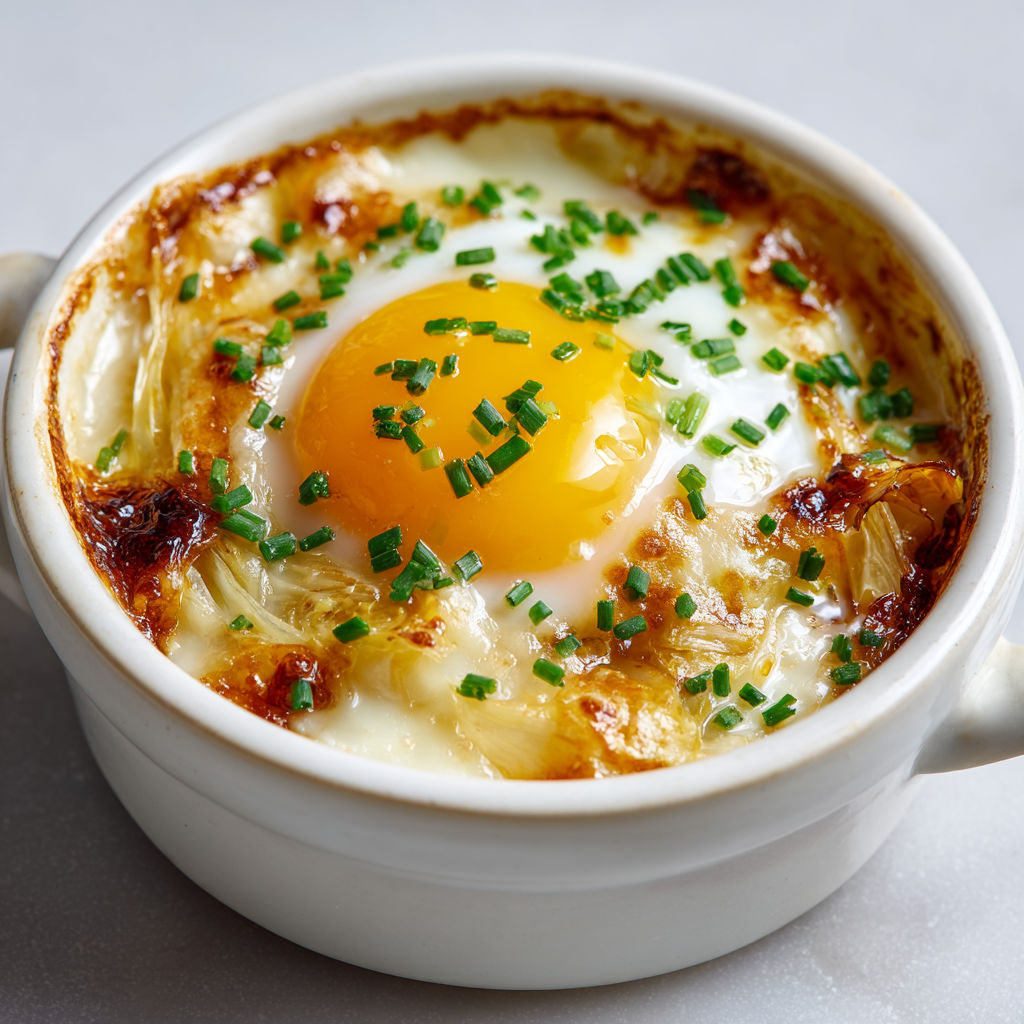 Œufs cocotte fondants aux endives braisées et maroilles.