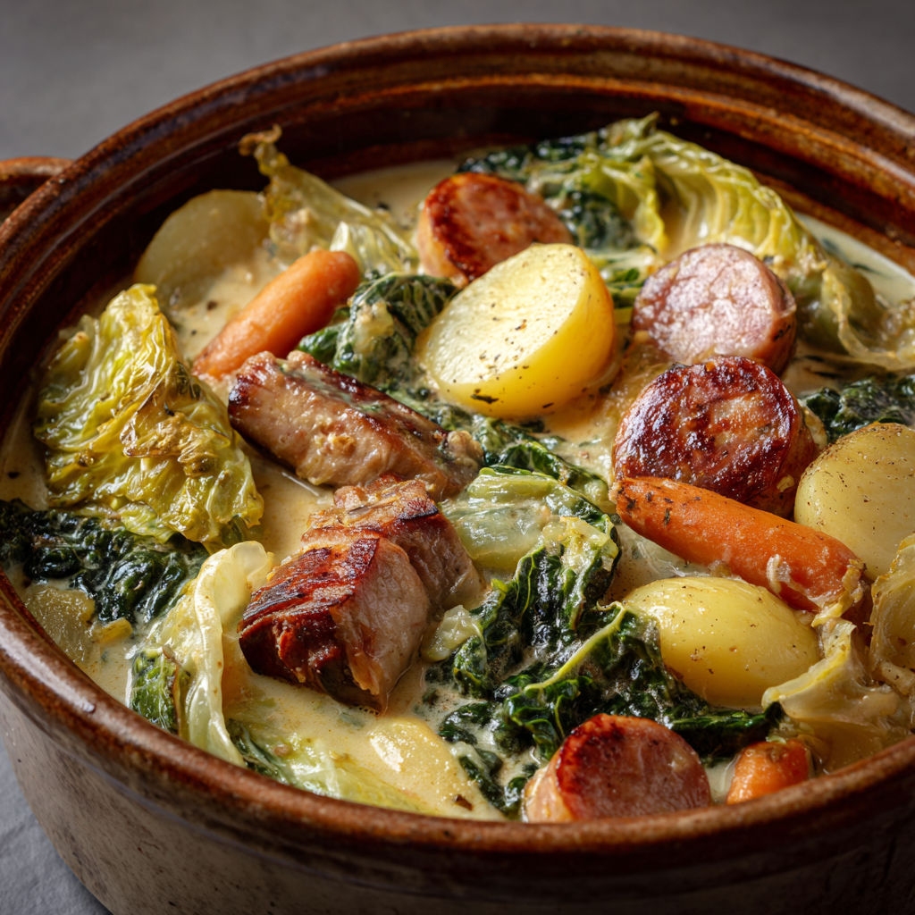 Diots et saucisses mijotés dans un bouillon aromatique avec chou et pommes de terre.