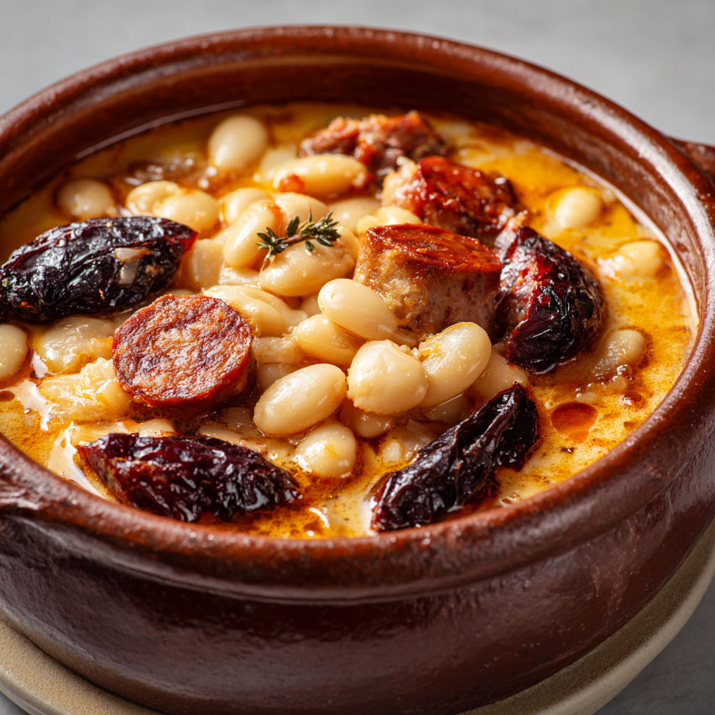 Fabada asturiana traditionnelle : haricots fondants aux charcuteries ibériques.