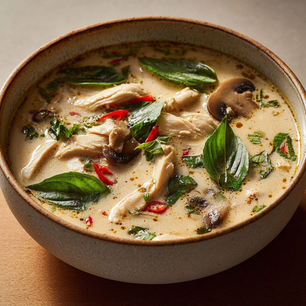 Une soupe thaïe parfumée au poulet, basilic et citron vert dans un bol en céramique.