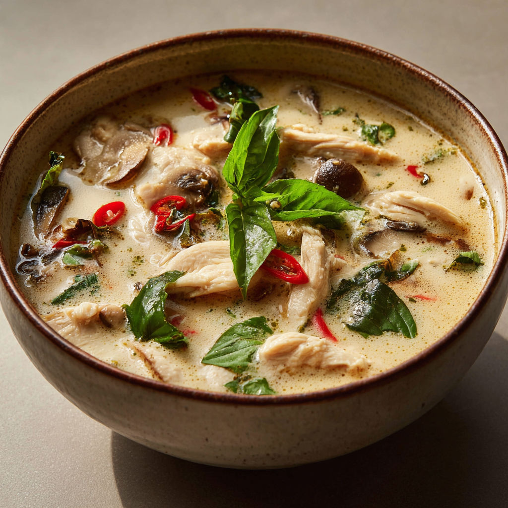 Soupe Thaï au poulet et lait de coco : explosion de saveurs fraîches et parfumées.