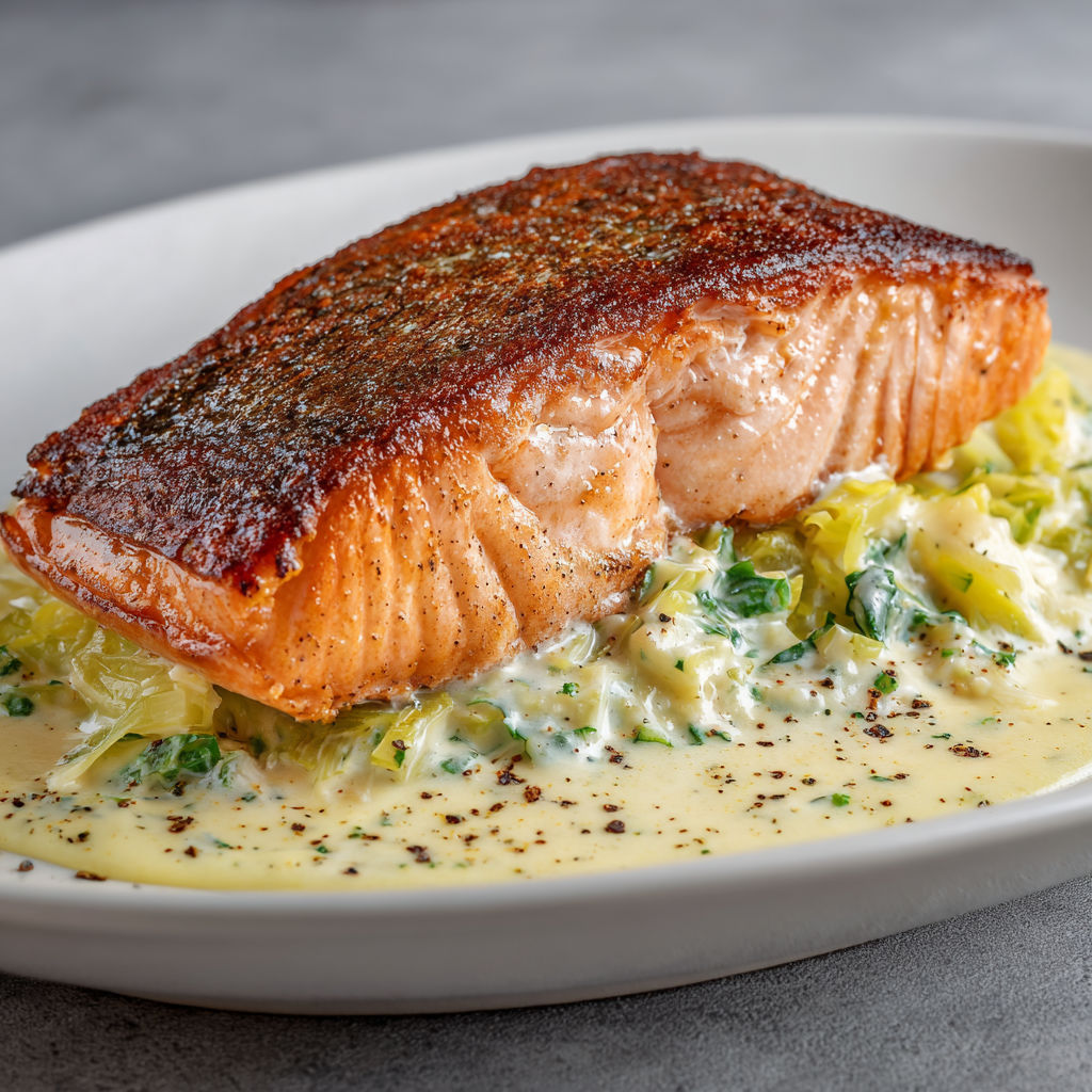 Saumon grillé sur fondue de poireaux.