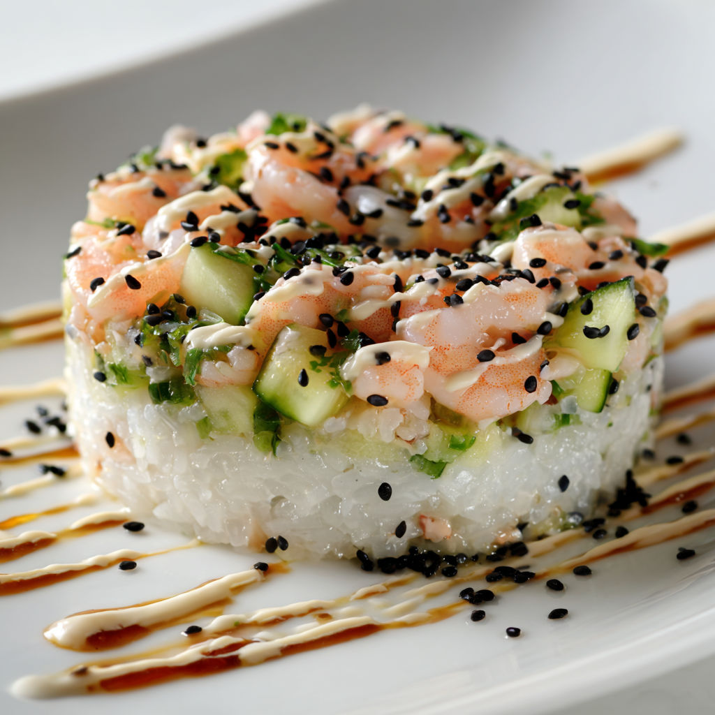 Tartare de crevettes nordiques sur riz vinaigré, fraîcheur croquante et touche asiatique.