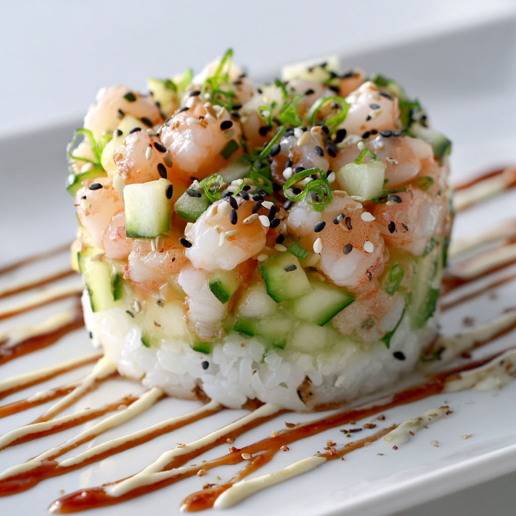 Salade raffinée de crevettes nordiques, concombre et poire, sauce sésame et teriyaki.