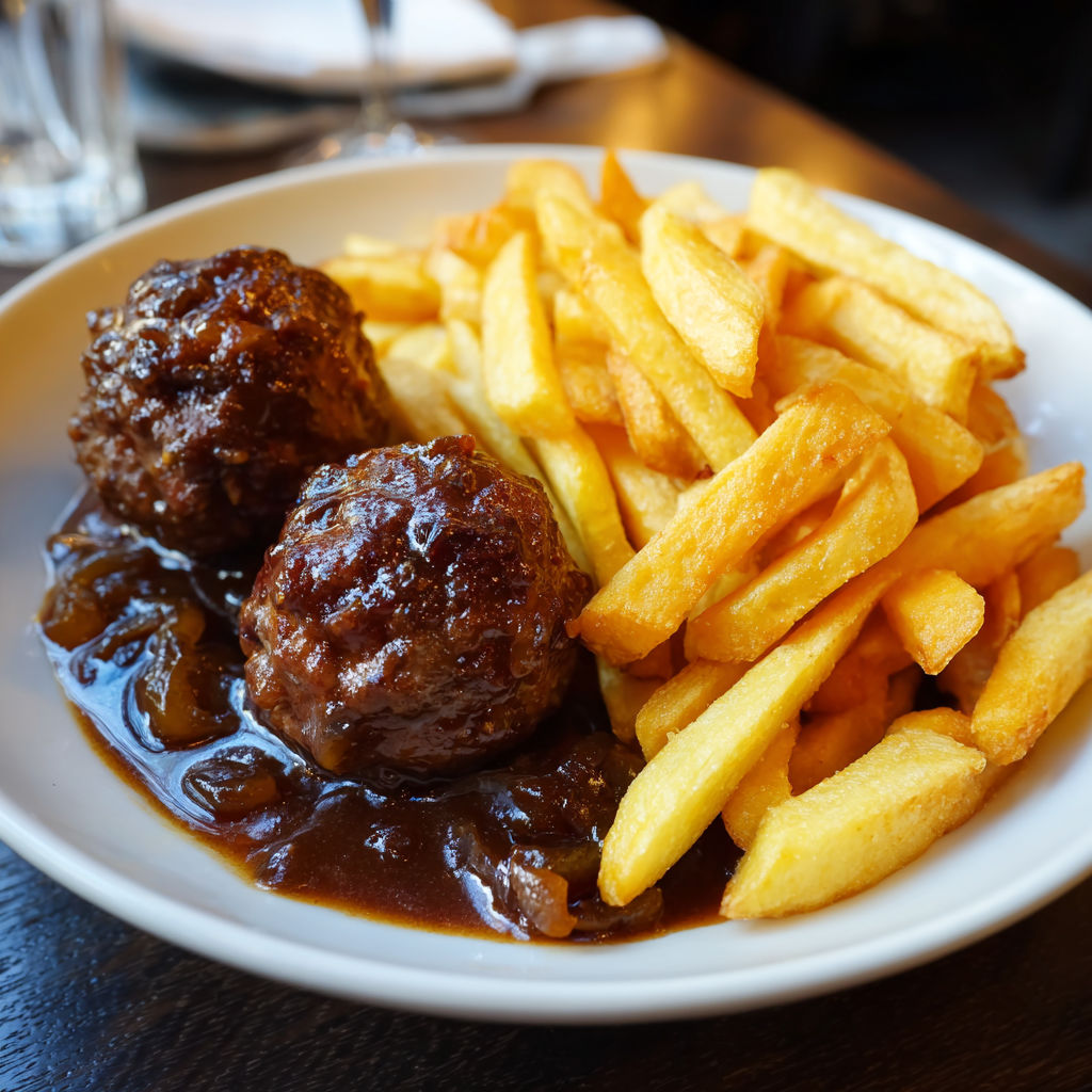 Un plat de boulets à la Liégeoise et frites maison, accompagné de frites maison.