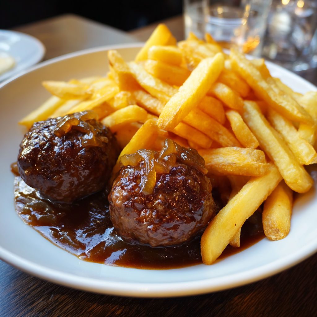 Une assiette de frites maison accompagnée de deux boulettes de viande saucée.