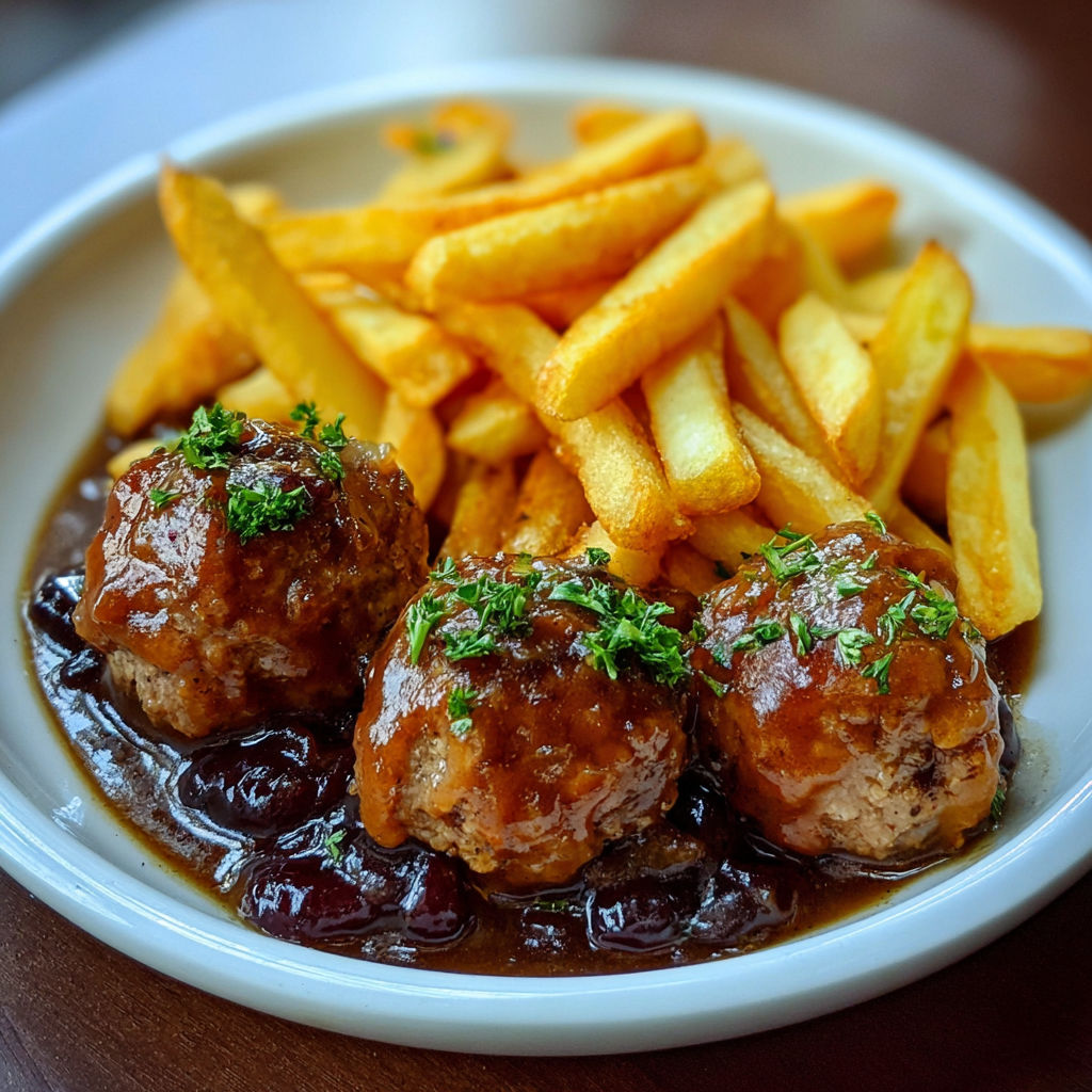 Un plat de frites et de boulettes de viande saucées, accompagnées de sauce.