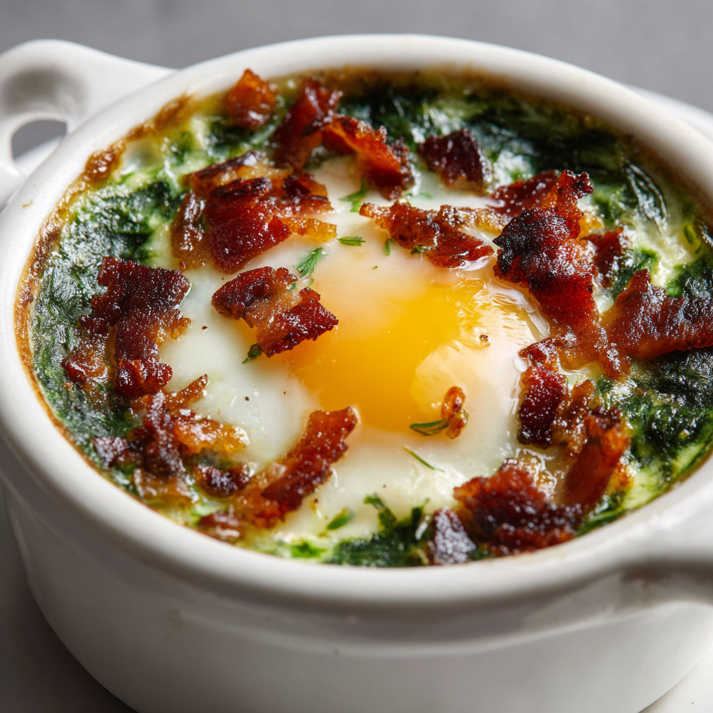 Ramequins d’oseille onctueuse aux œufs fondants et lardons croustillants.