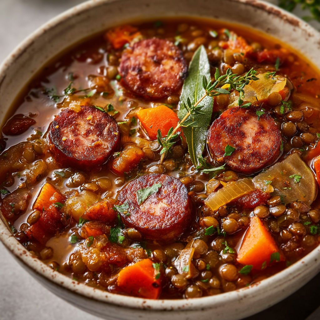 Saucisses traditionnelles mijotées aux lentilles, comme chez grand-mère.