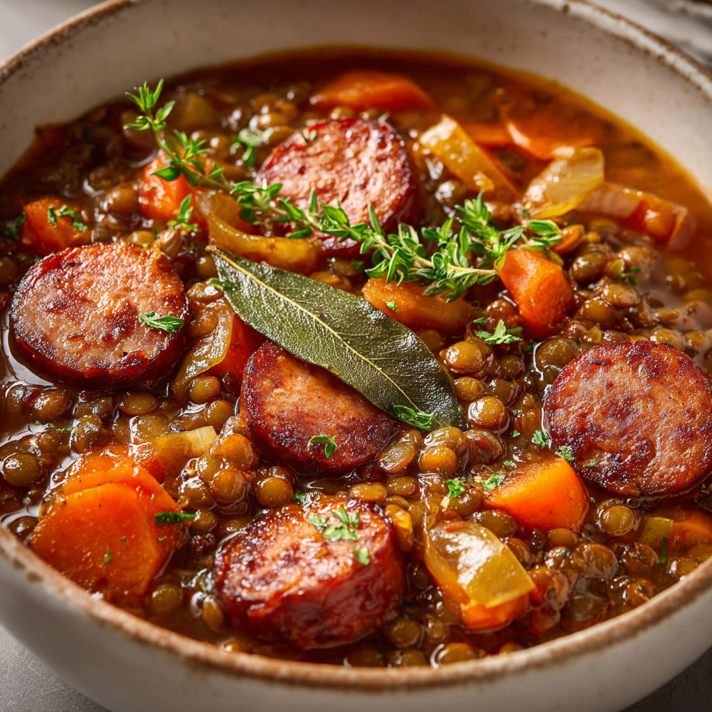 Cocotte de saucisses et lentilles aux saveurs d’antan, simple et généreuse.