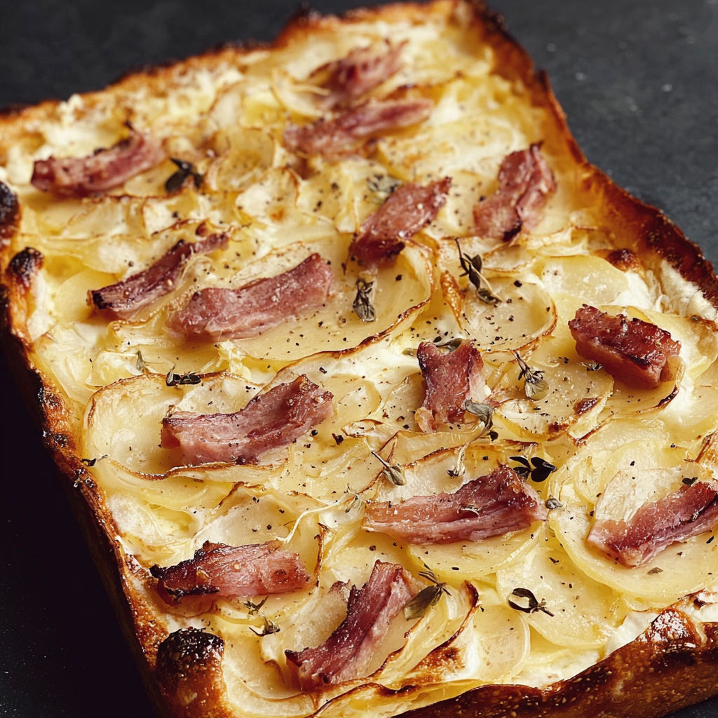 Flammekueche rustique aux pommes de terre et lardons, onctuosité garantie.