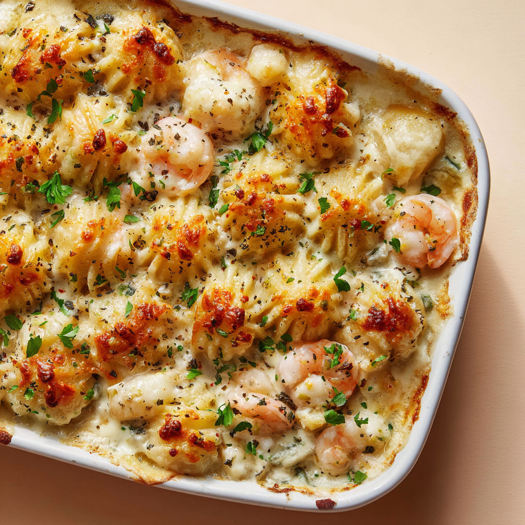 Gratin de fruits de mer raffiné à la purée de céleri et pommes de terre, généreux et convivial.