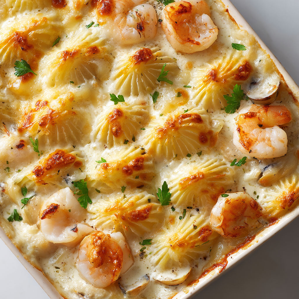 Coquilles Saint-Jacques et crevettes gratinées, onctuosité et saveurs marines à partager.