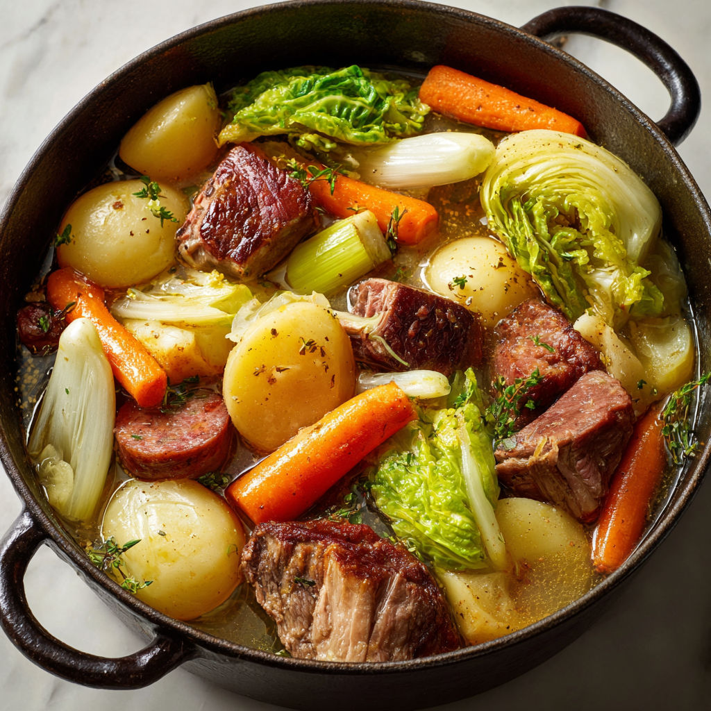 Le pot-au-feu aux 4 viandes d'Hélène Darroze est un plat de soupe avec des légumes et des viandes.