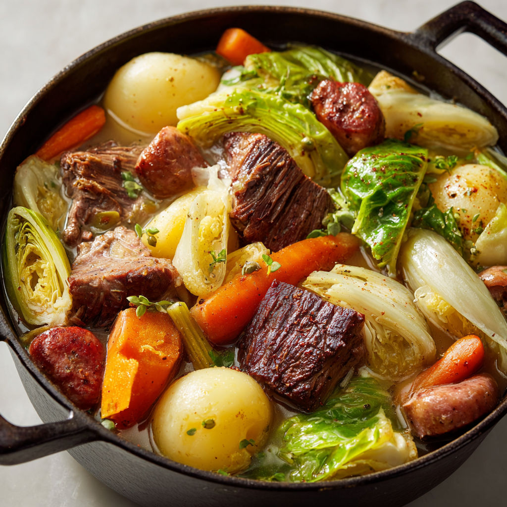 Le pot-au-feu aux 4 viandes d'Hélène Darroze est un plat de soupe avec des légumes et des viandes.